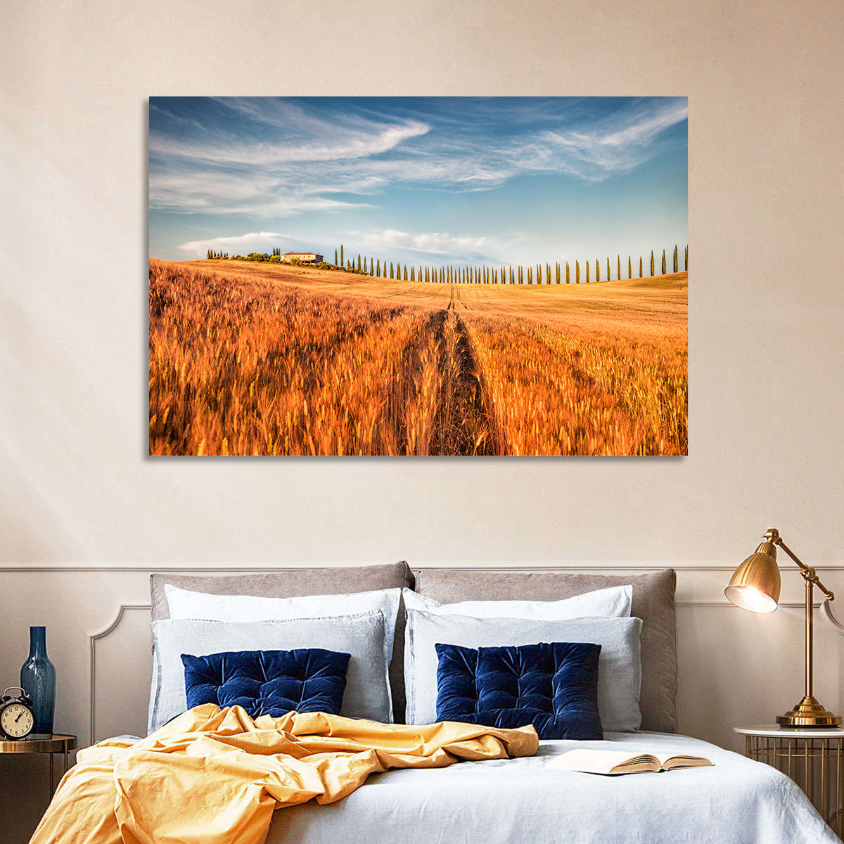 Tuscan Wheat Field Wall Art in a room, landscape