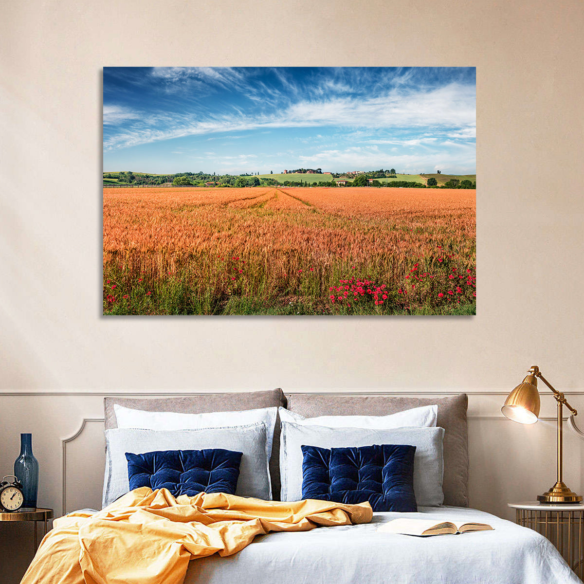 Golden Wheat Field with Poppies Wall Art in a room, landscape