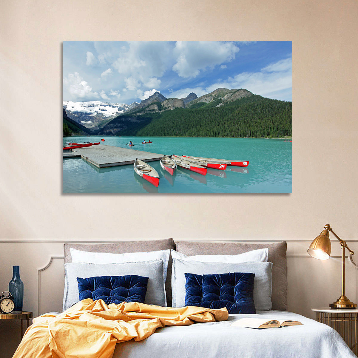 Red Canoes at Lake Louise Wall Art in a room, landscape