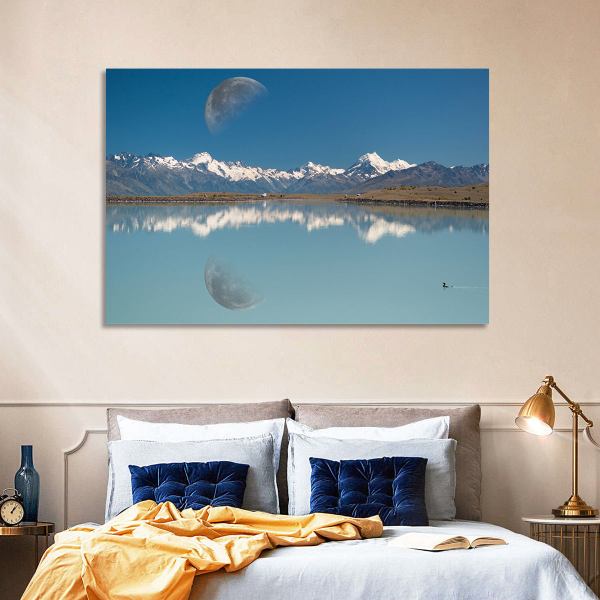 Moon Over Mt Cook and Lake Pukaki Wall Art in a room, landscape