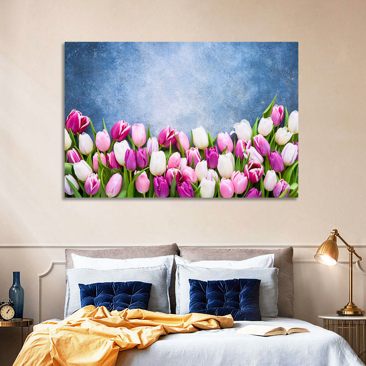 Tulips on Textured Blue Wall Art in a room, landscape