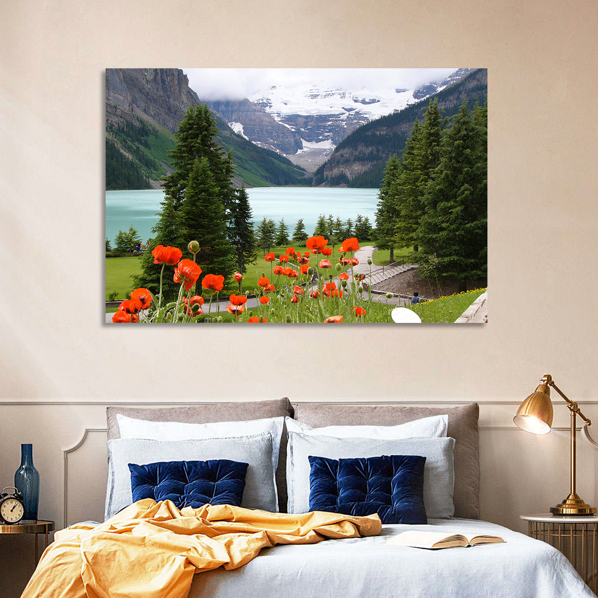 Lake Louise Poppies Wall Art in a room, landscape