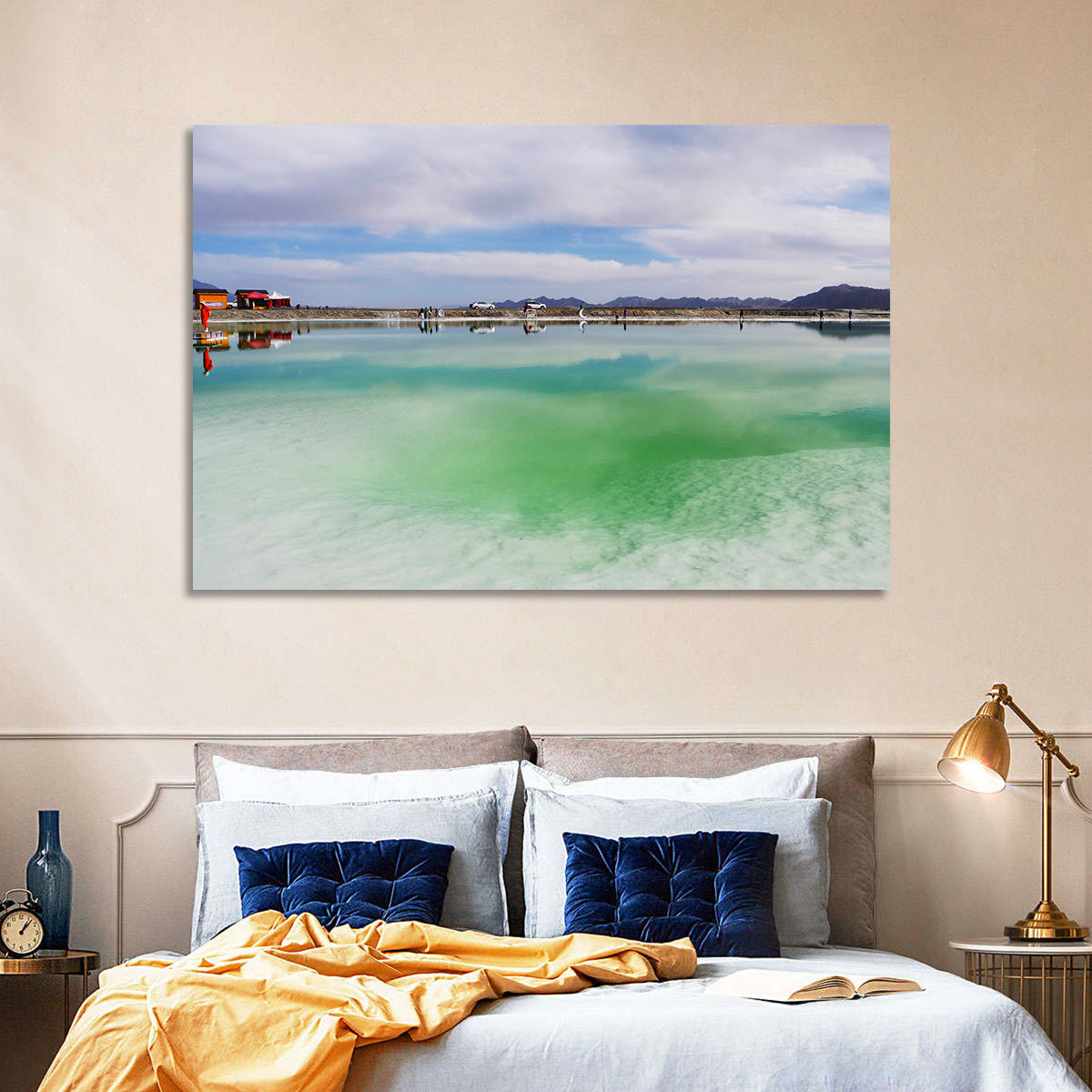 Emerald Salt Lake Wall Art in a room, landscape