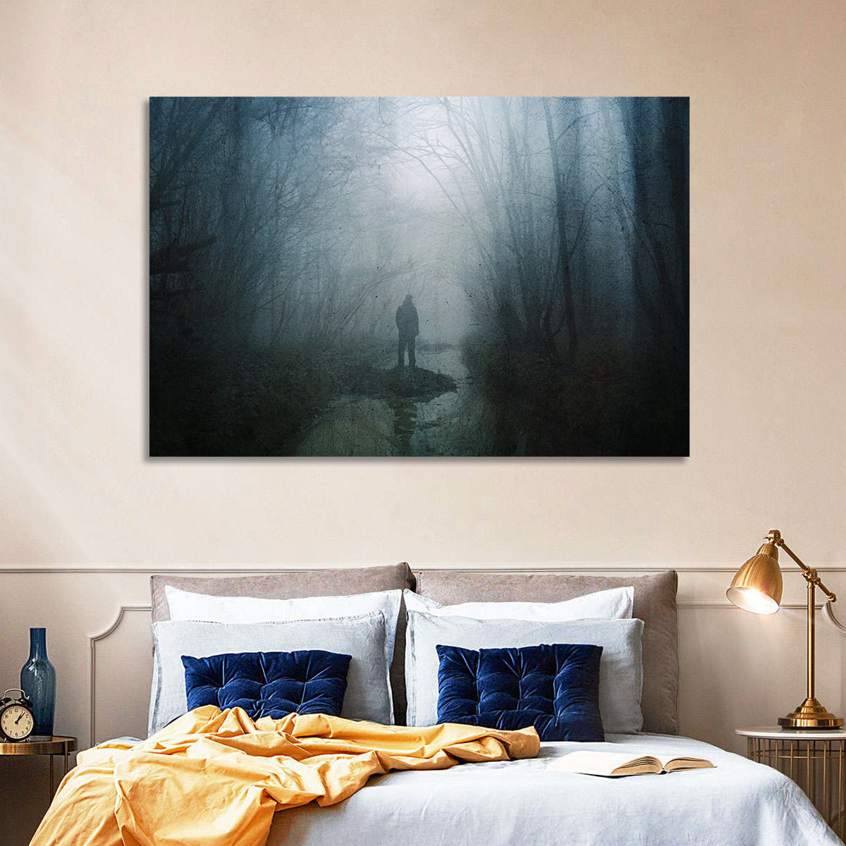 Foggy Forest Pathway Wall Art in a room, landscape