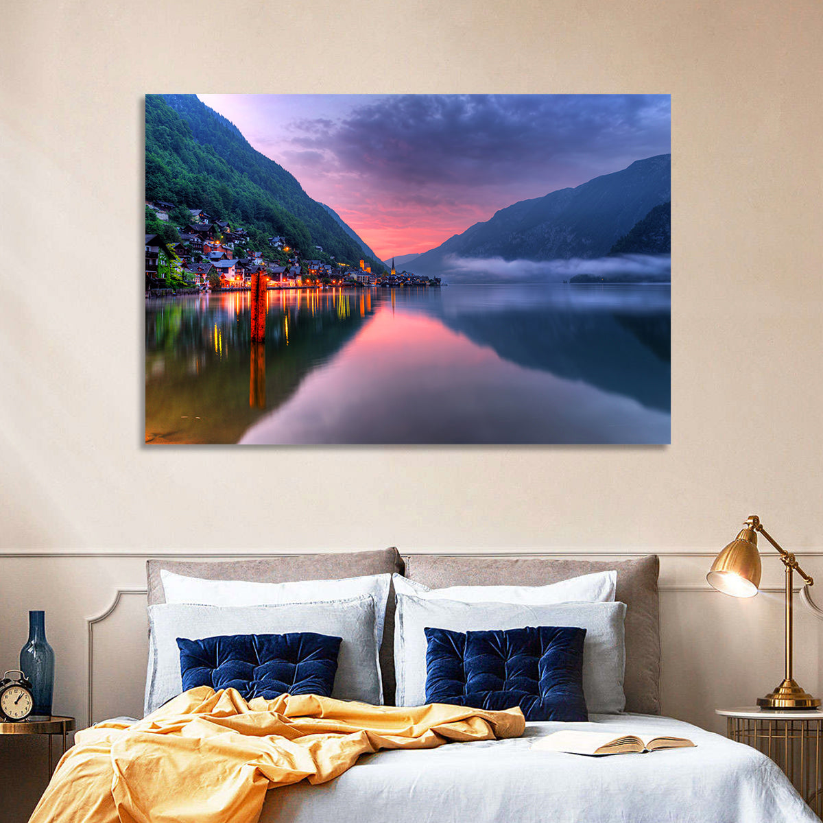 Hallstatt Mountain Village Wall Art in a room, landscape