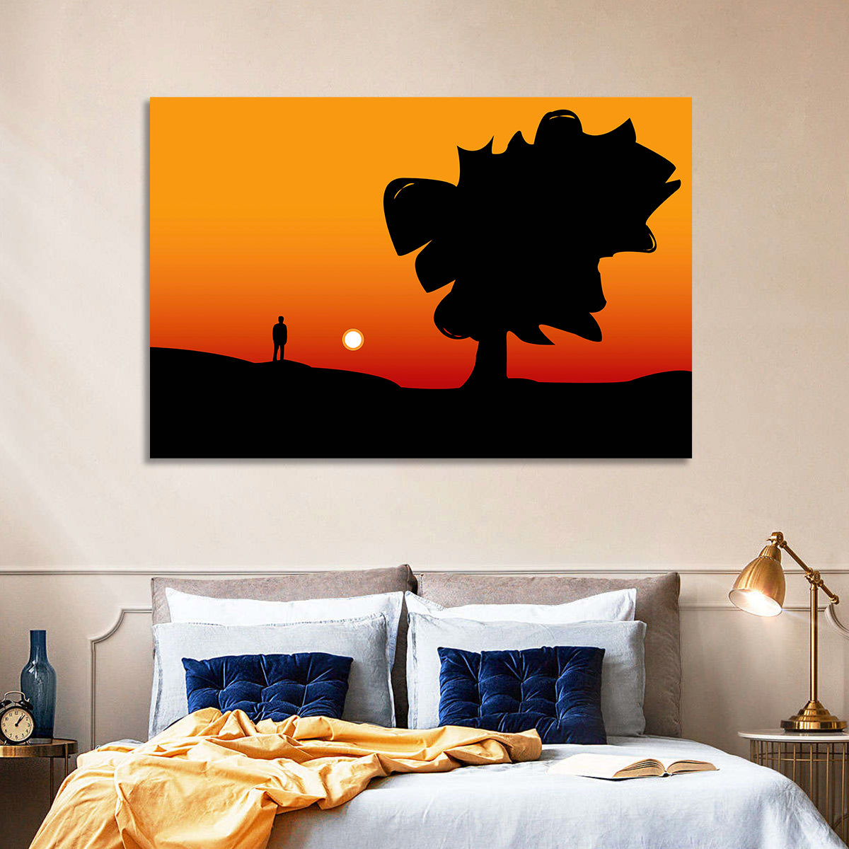 Solitary Sunset Silhouette Wall Art in a room, landscape