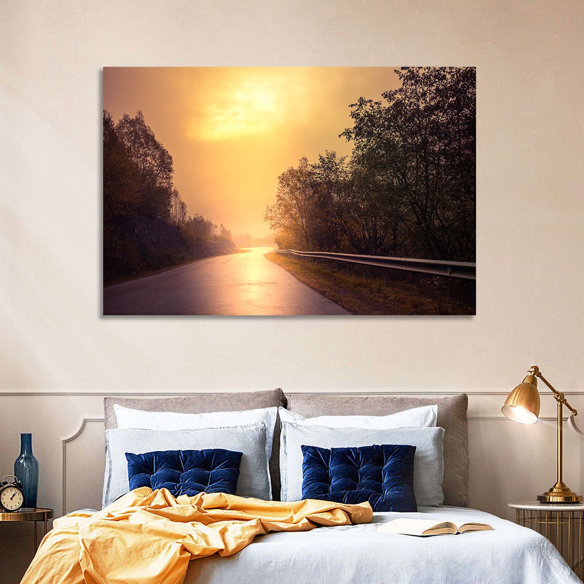 Windy Misty Forest Road Wall Art in a room, landscape