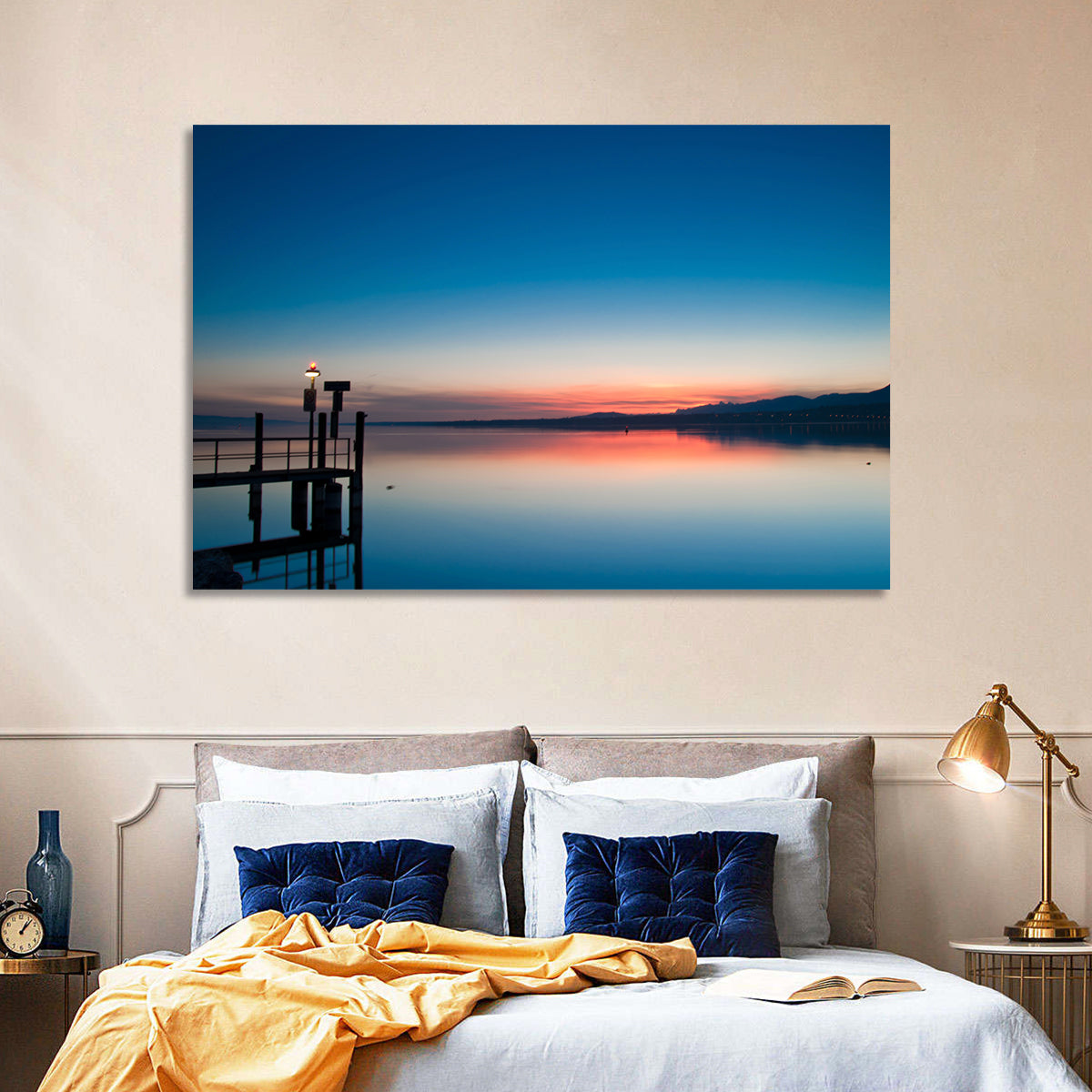Lake Geneva Sunrise Pier Wall Art in a room, landscape