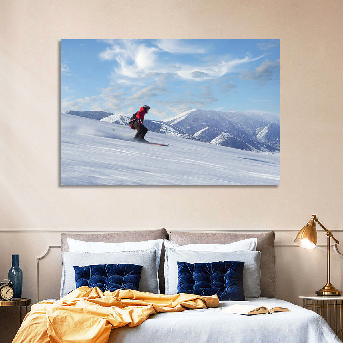 Skier on Snowy Mountain Slope Wall Art in a room, landscape
