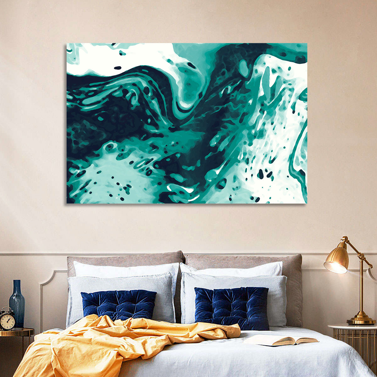 Teal Wave Abstract Wall Art in a room, landscape