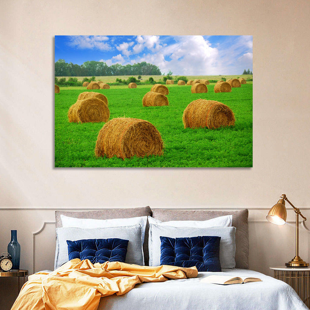 Golden Hay Bales in Green Field Wall Art