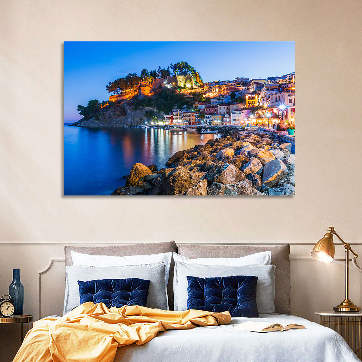 Parga Harbor at Dusk Wall Art in a room, landscape