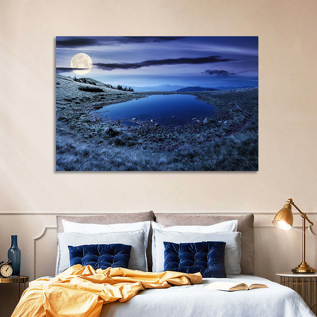 Mountain Lake at Night Wall Art in a room, landscape