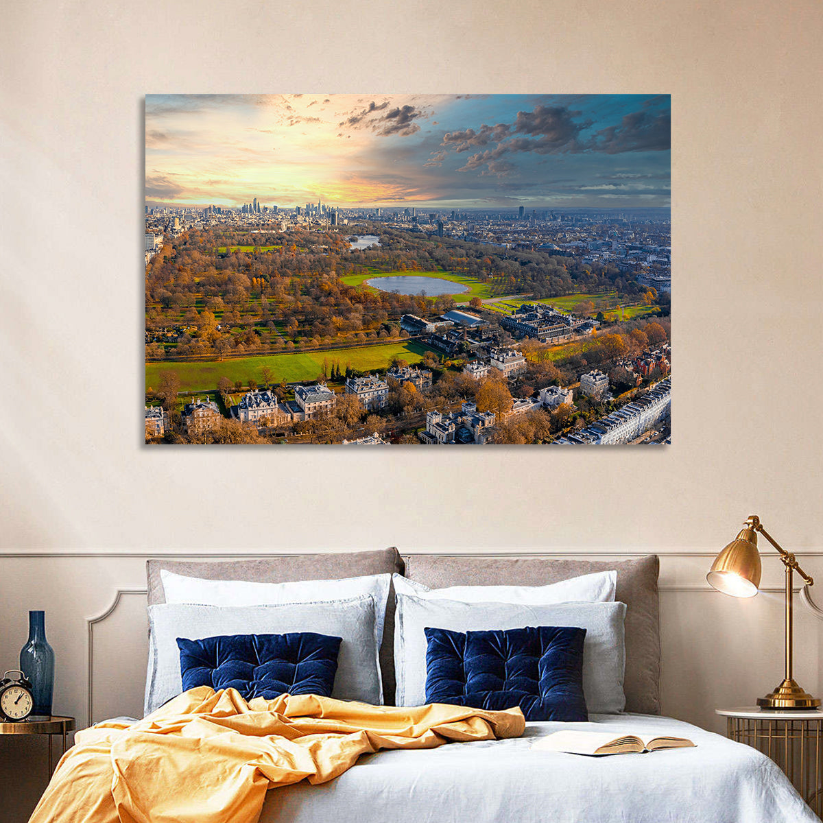 Cloudy Hyde Park Aerial Wall Art in a room, landscape