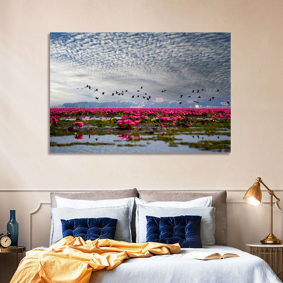 Red Lotus Lake Wall Art in a room, landscape