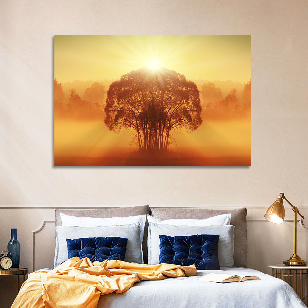 Golden Haze Tree at Sunset Wall Art in a room, landscape