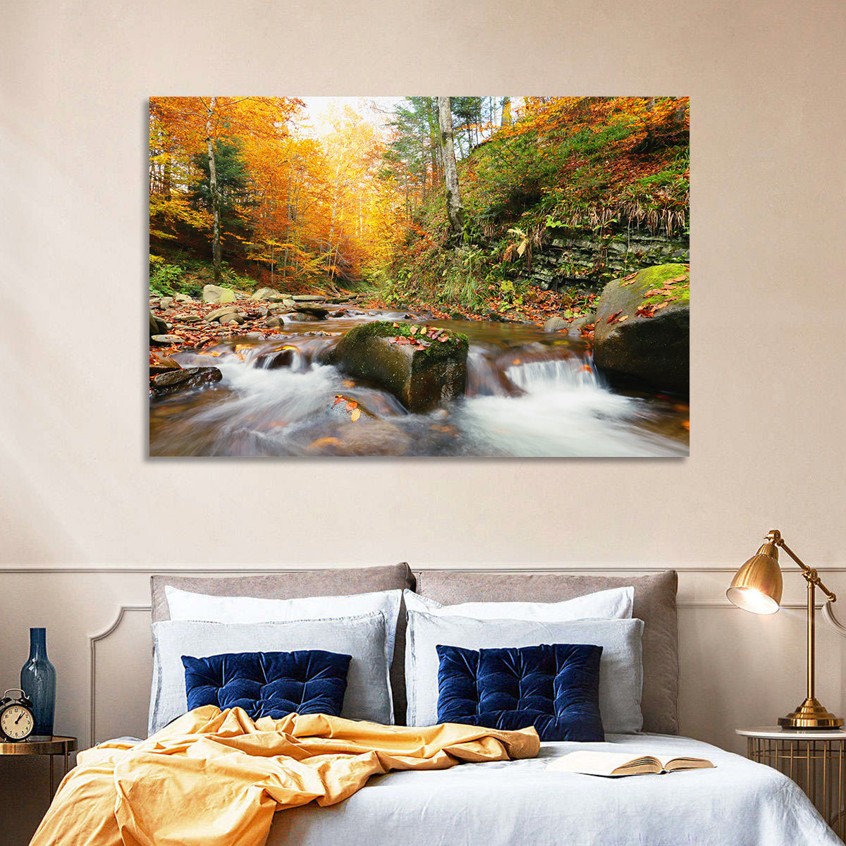 Forest Stream in Autumn Wall Art in a room, landscape