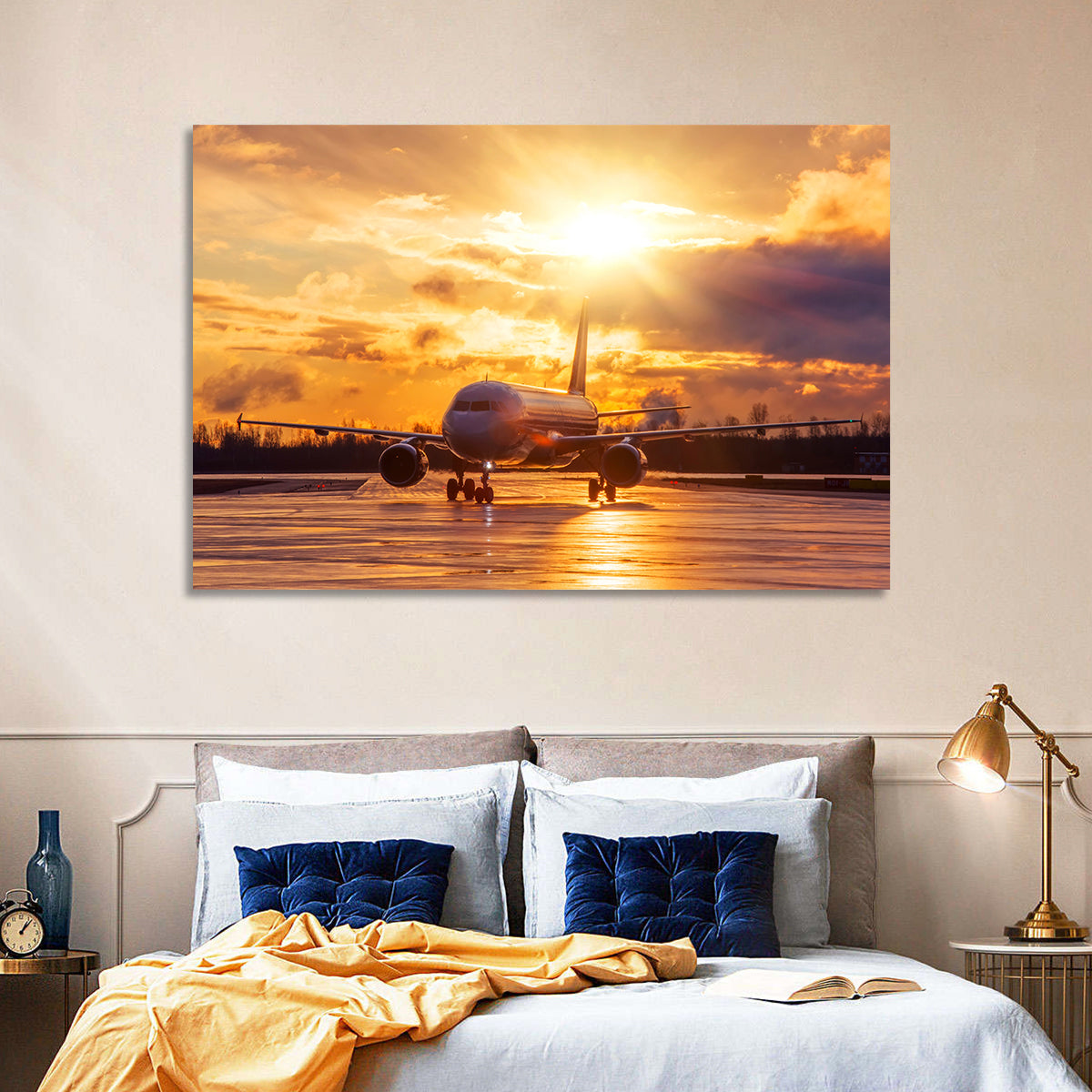 Golden Hour Airliner on Wet Runway Wall Art in a room, landscape