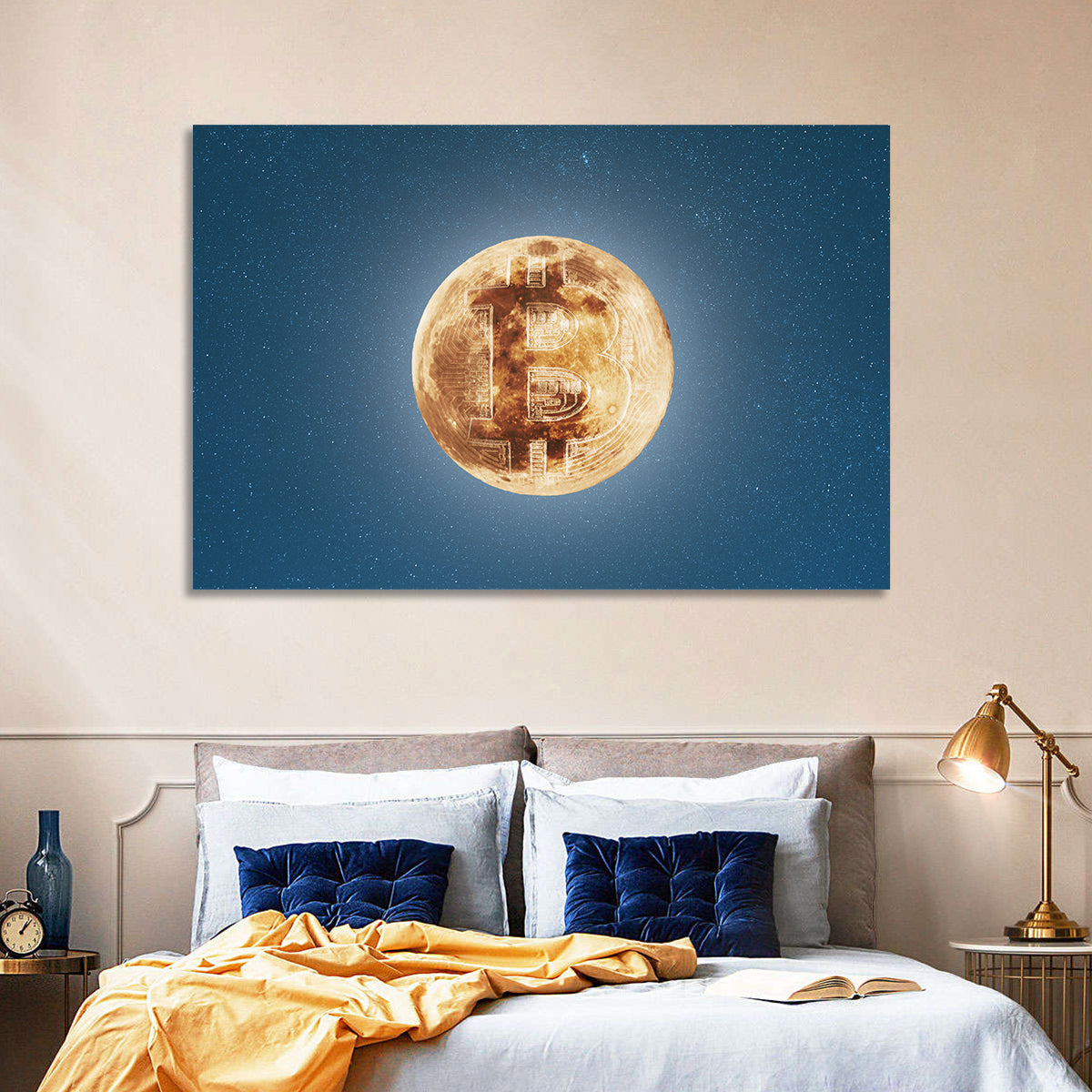 Bitcoin Circuit Moon Wall Art in a room, landscape