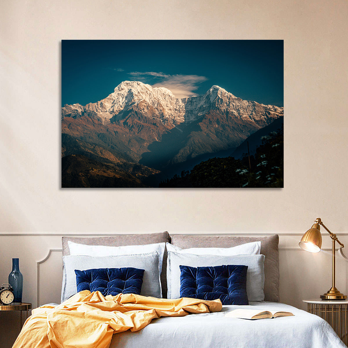 Annapurna South Summit with Wispy Clouds Wall Art in a room, landscape