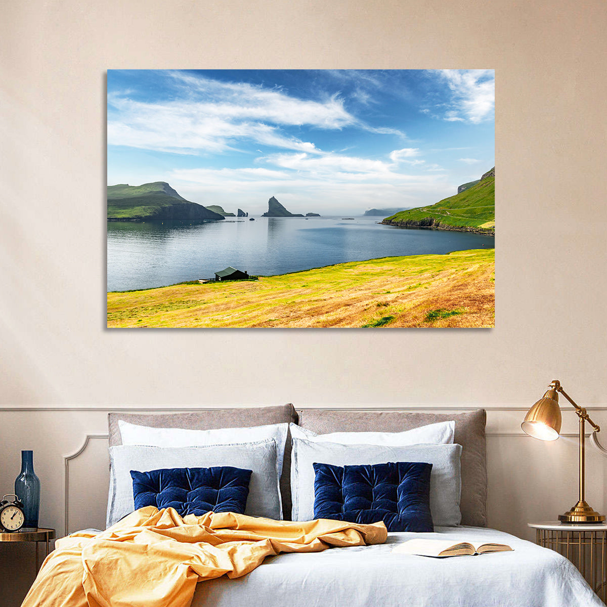 Tindhólmur and Drangarnir Coastal Bay Wall Art in a room, landscape