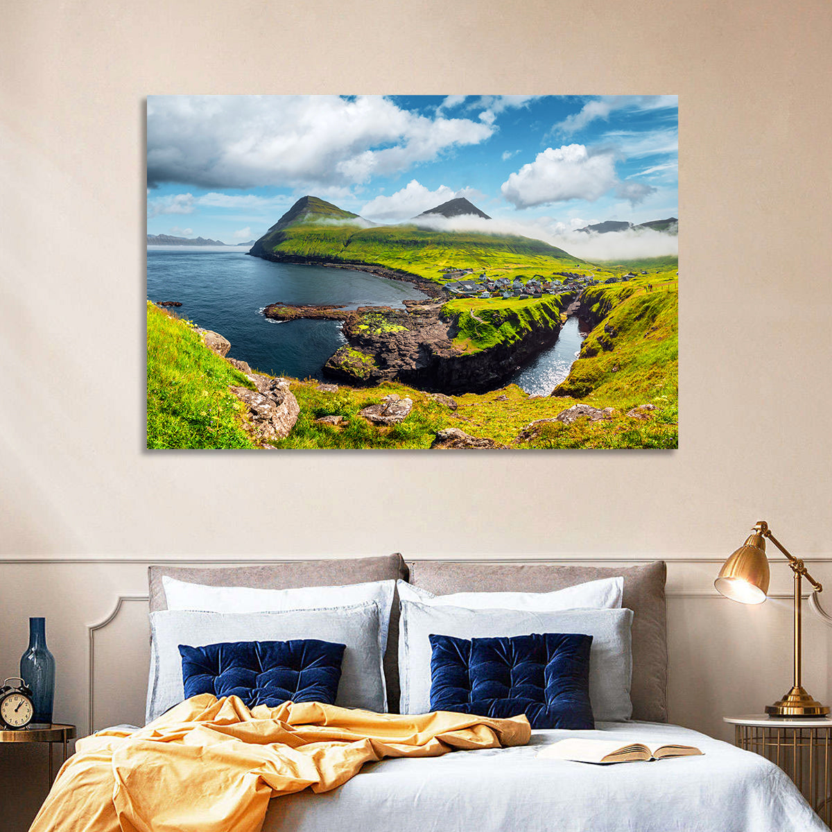 Gjógv Harbor Coastal Village Wall Art in a room, landscape