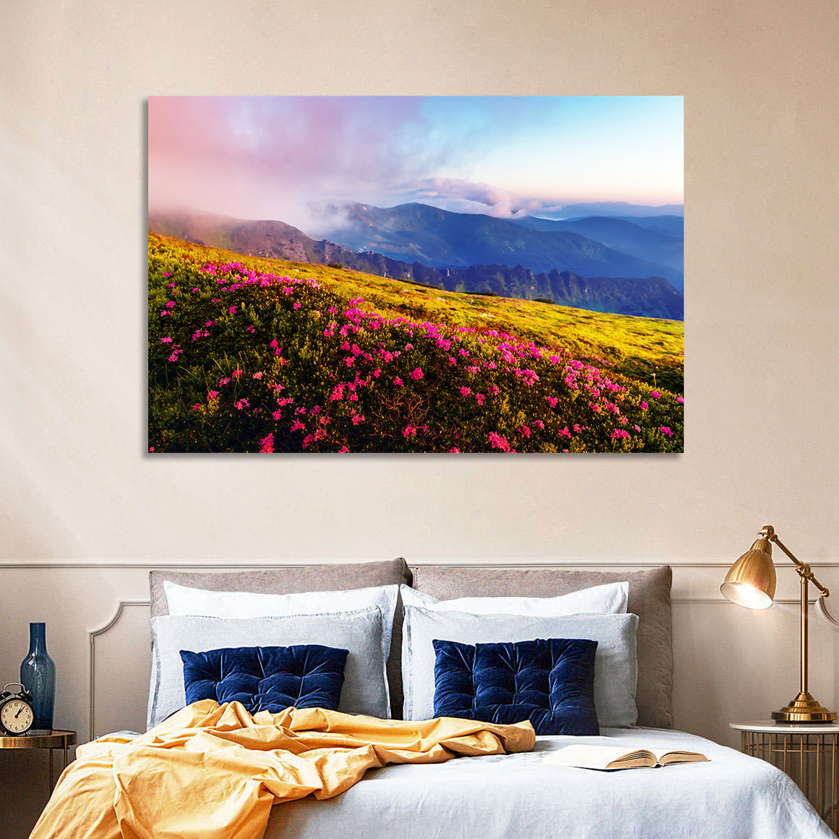 Alpine Rhododendron Meadow at Golden Hour Wall Art in a room, landscape