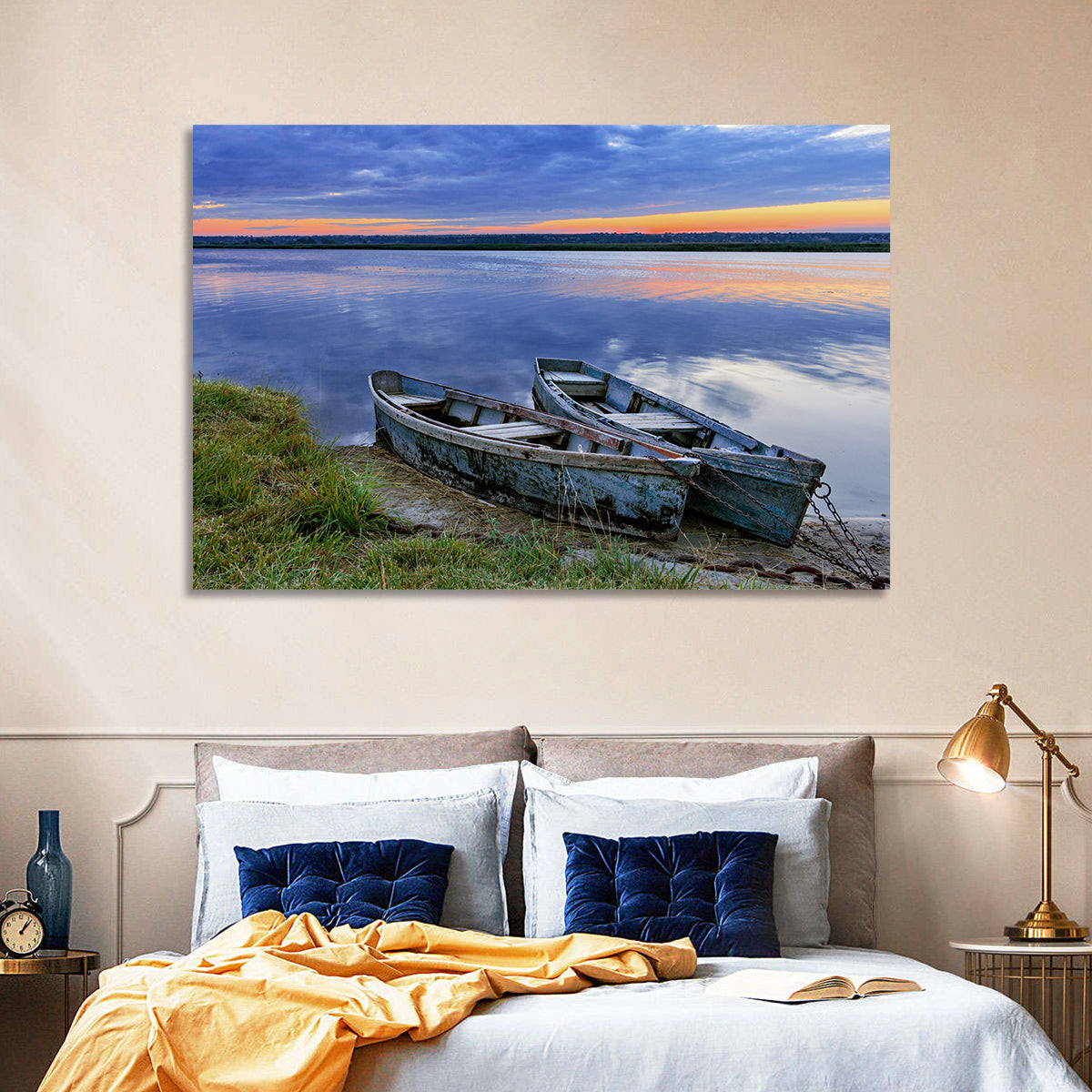 Chained Rowboats at Dusk Wall Art in a room, landscape