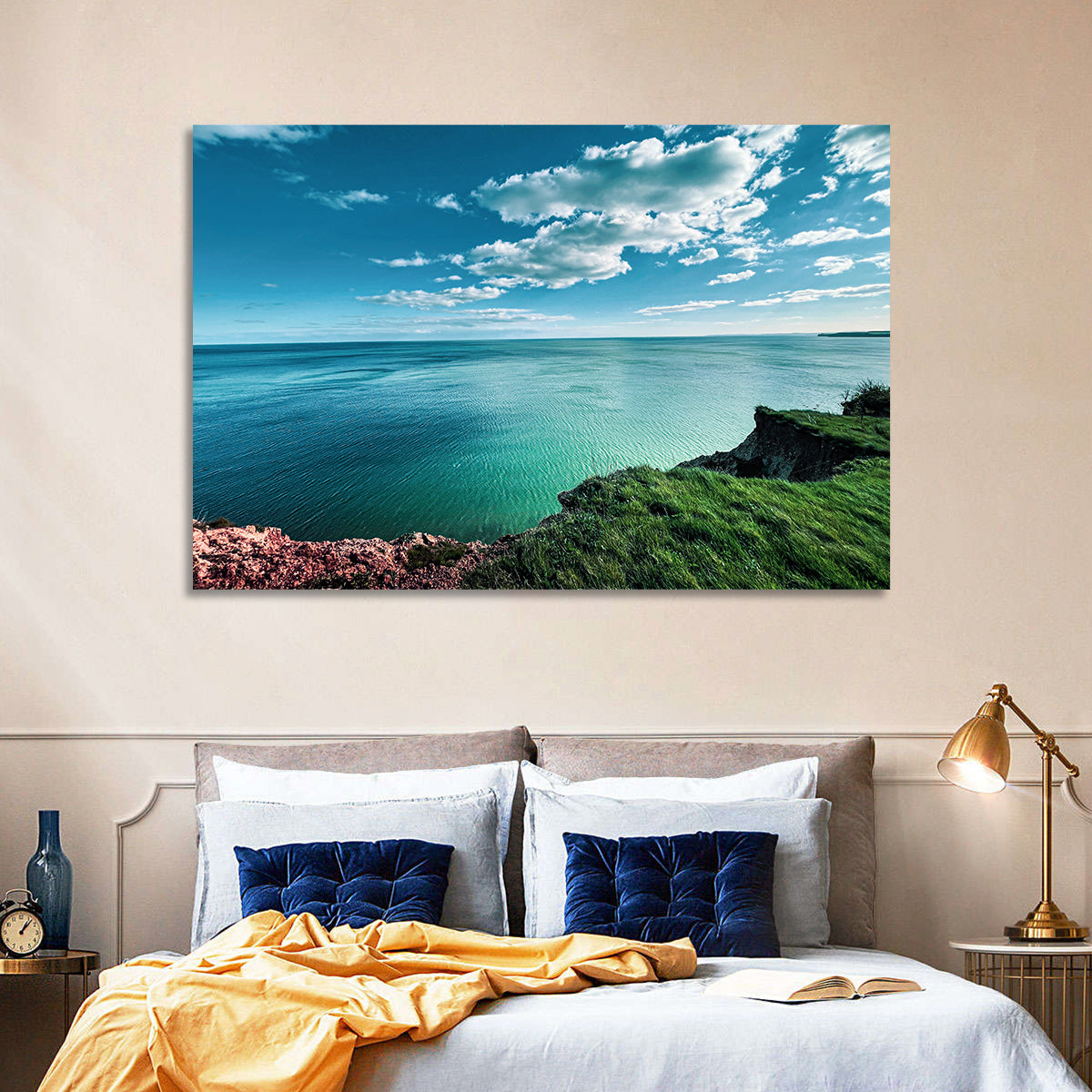 Coastal Cliffs Above a Turquoise Sea Wall Art in a room, landscape
