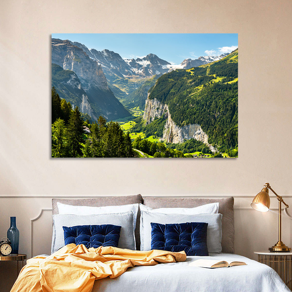 Lauterbrunnen Valley Waterfall View Wall Art in a room, landscape