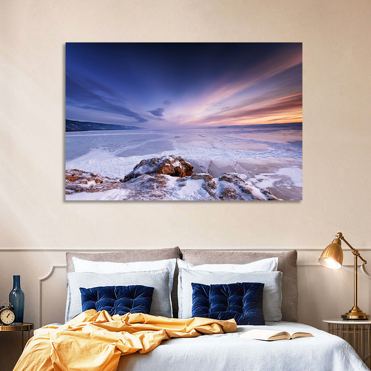 Frozen Lake Ice and Sunset Sky Wall Art in a room, landscape