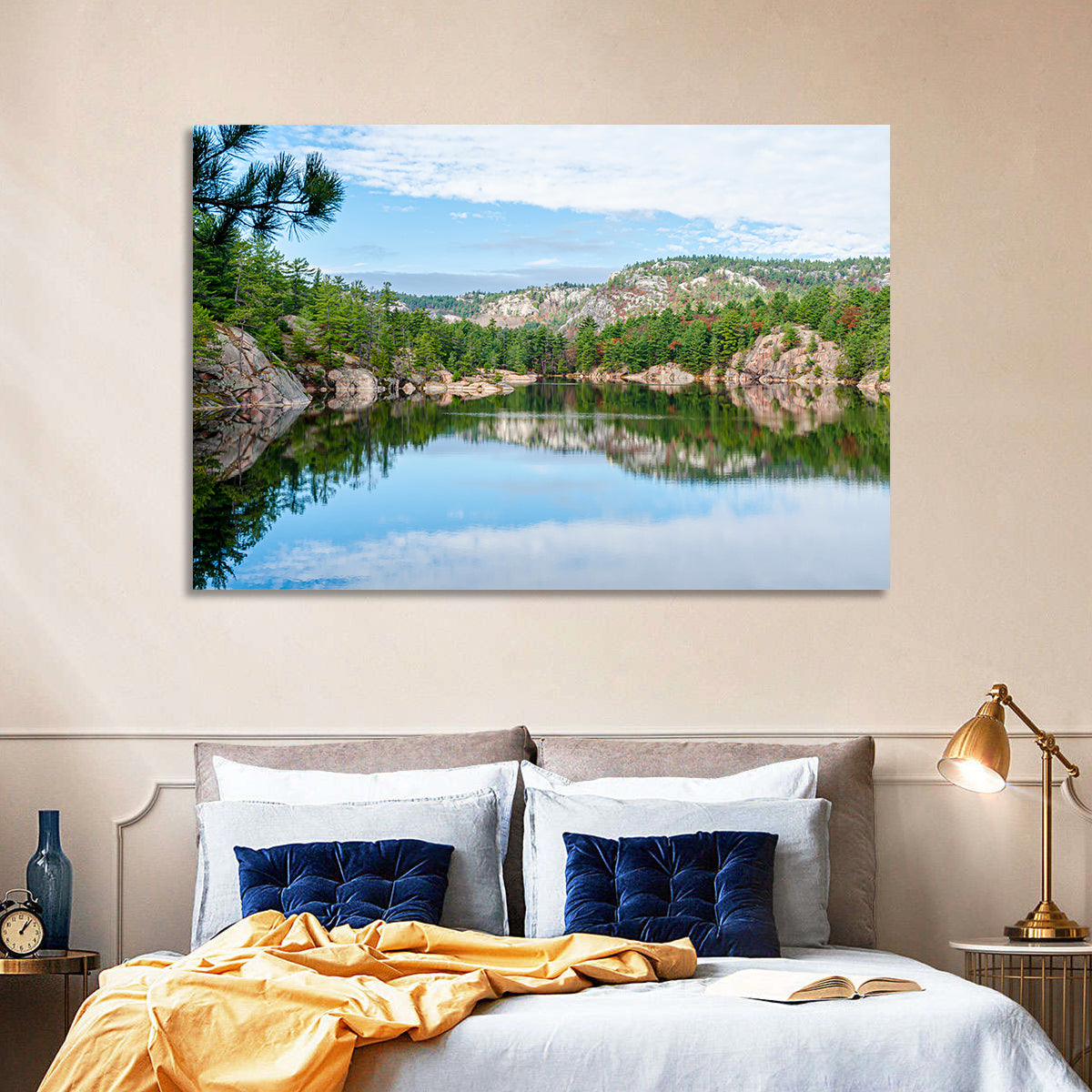 Mirror-quiet Lake and Pines Wall Art in a room, landscape