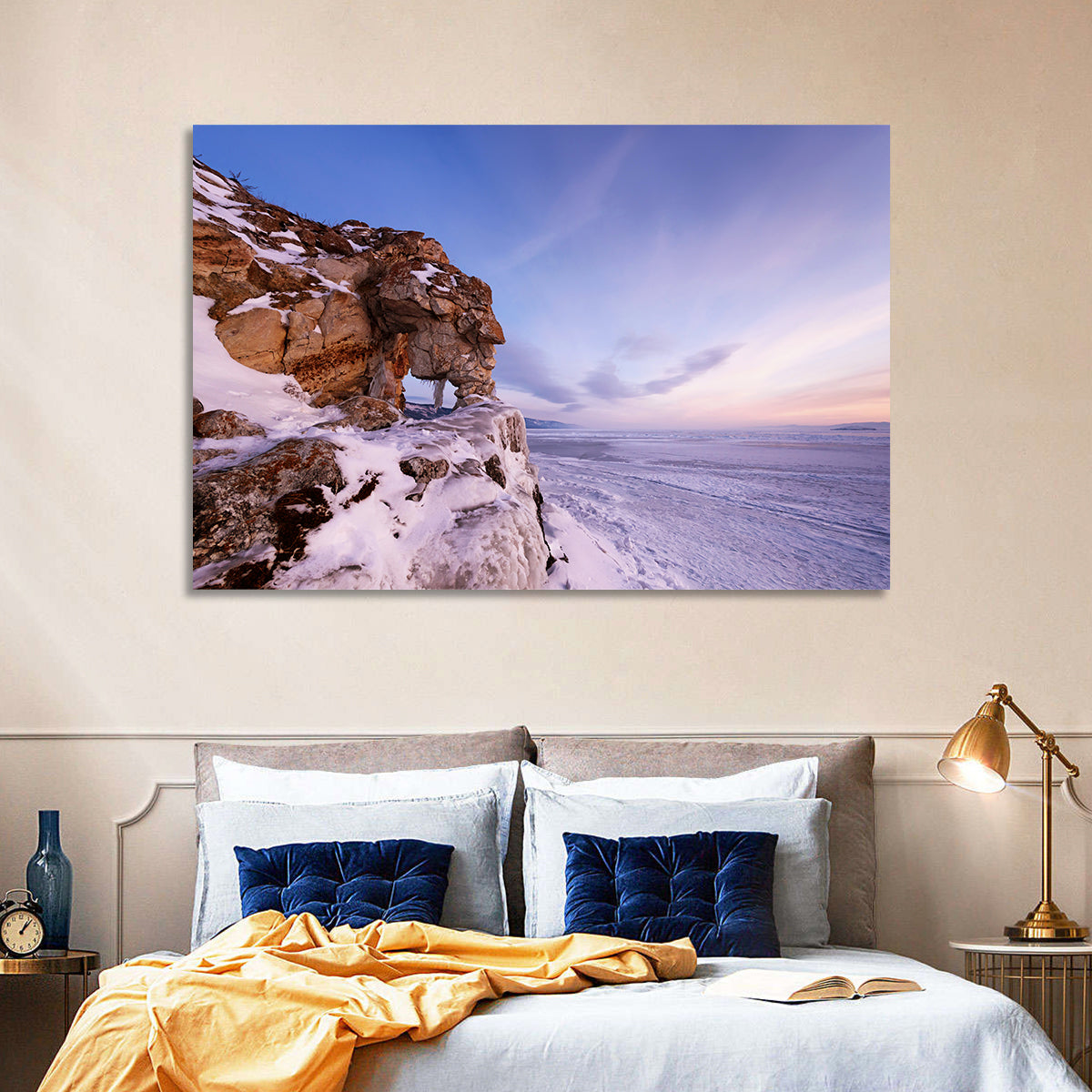 Lake Baikal Rock Arch at Winter Twilight Wall Art in a room, landscape