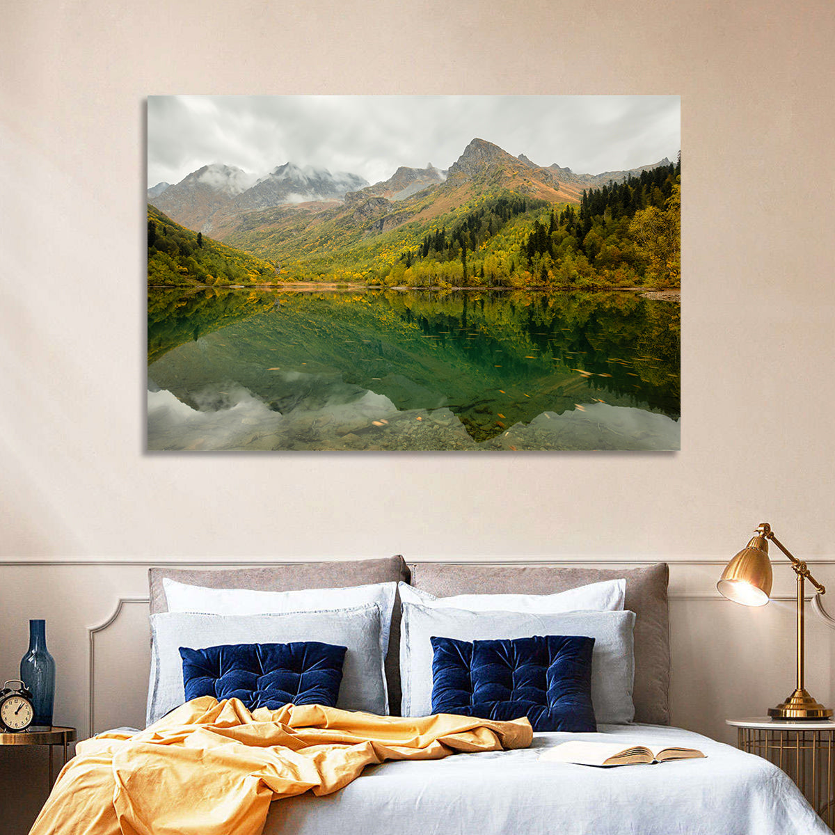 Kardyvach Lake Reflection Under Clouded Peaks Wall Art in a room, landscape