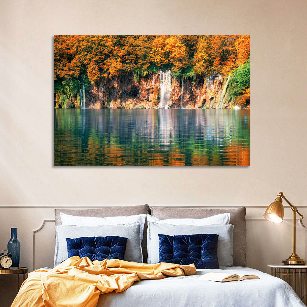 Autumn Reflections at Plitvice Lakes Wall Art in a room, landscape