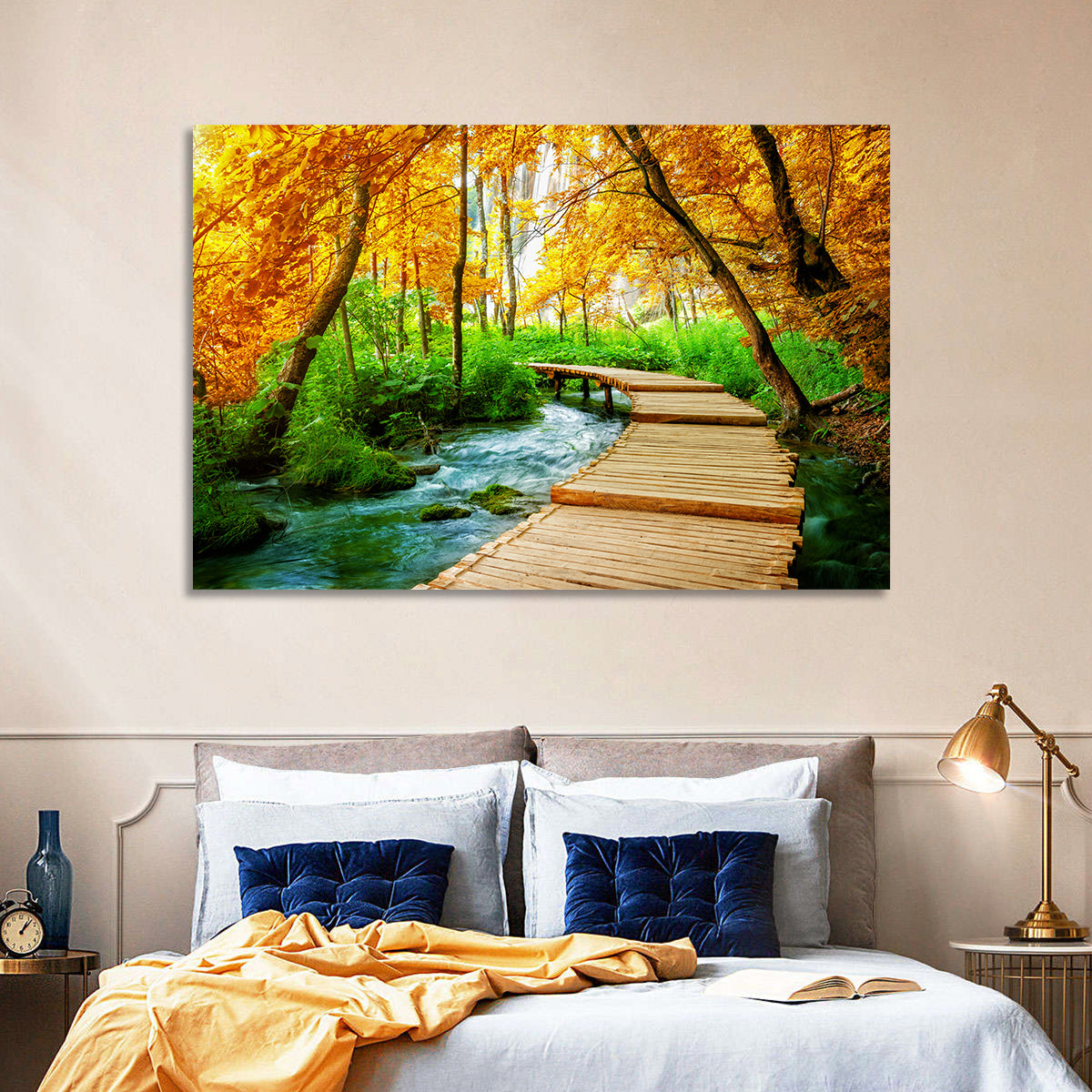 Plitvice Autumn Boardwalk Wall Art in a room, landscape