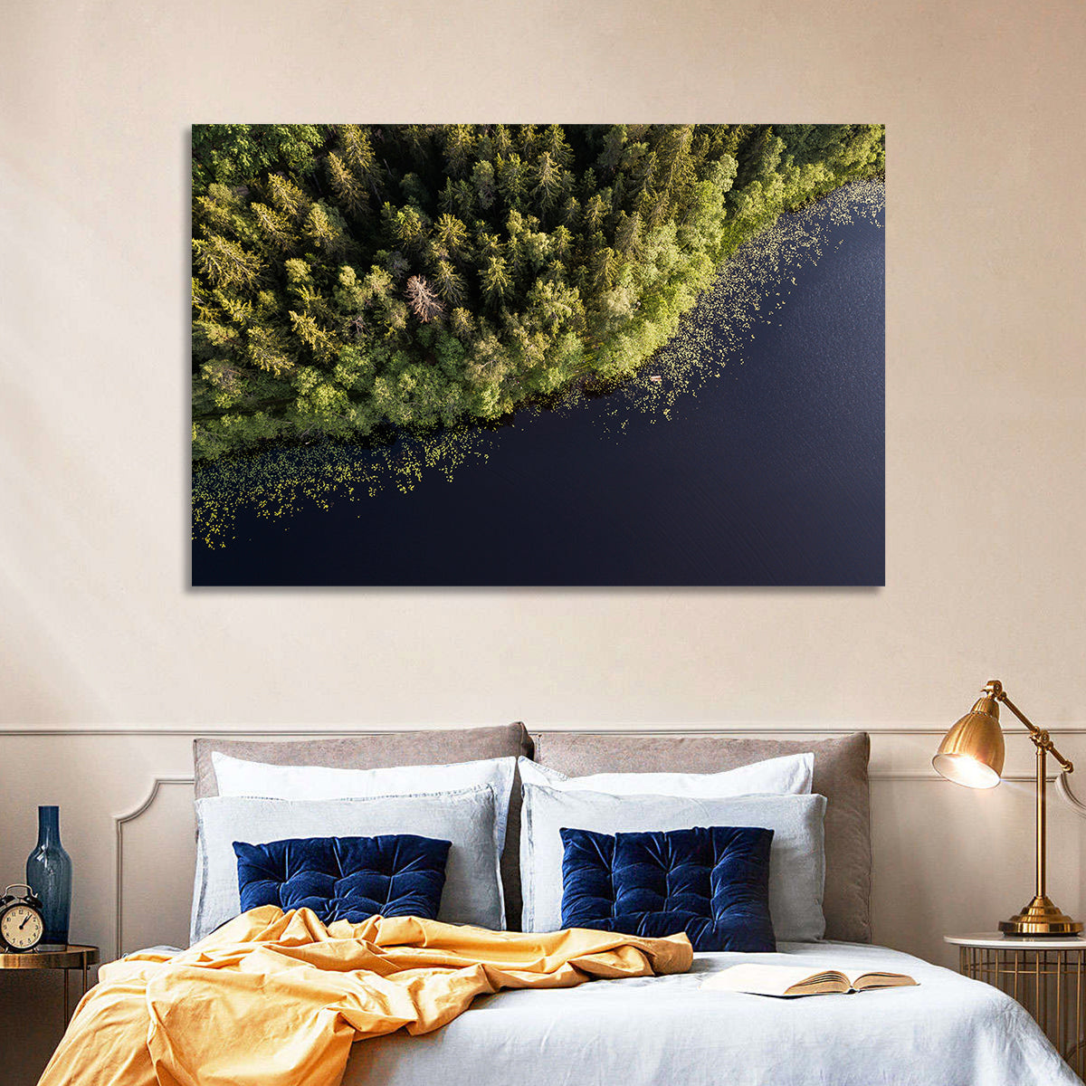Aerial Lake with Red Boat Wall Art in a room, landscape