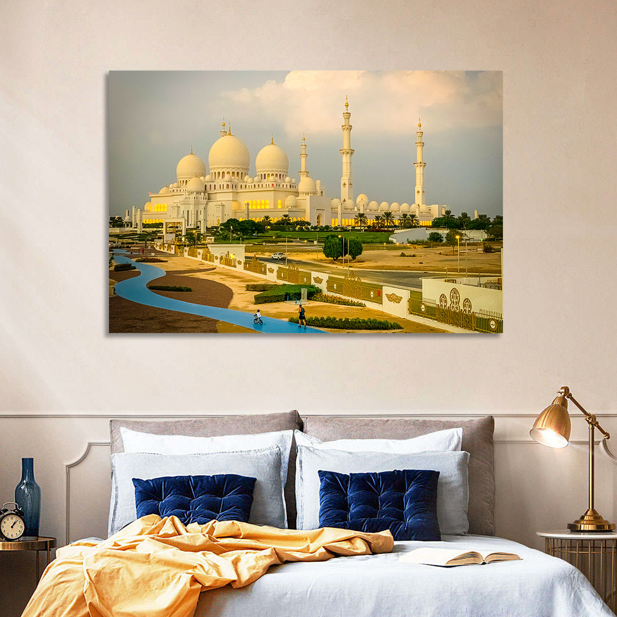 Sheikh Zayed Grand Mosque at Golden Dusk Wall Art in a room, landscape