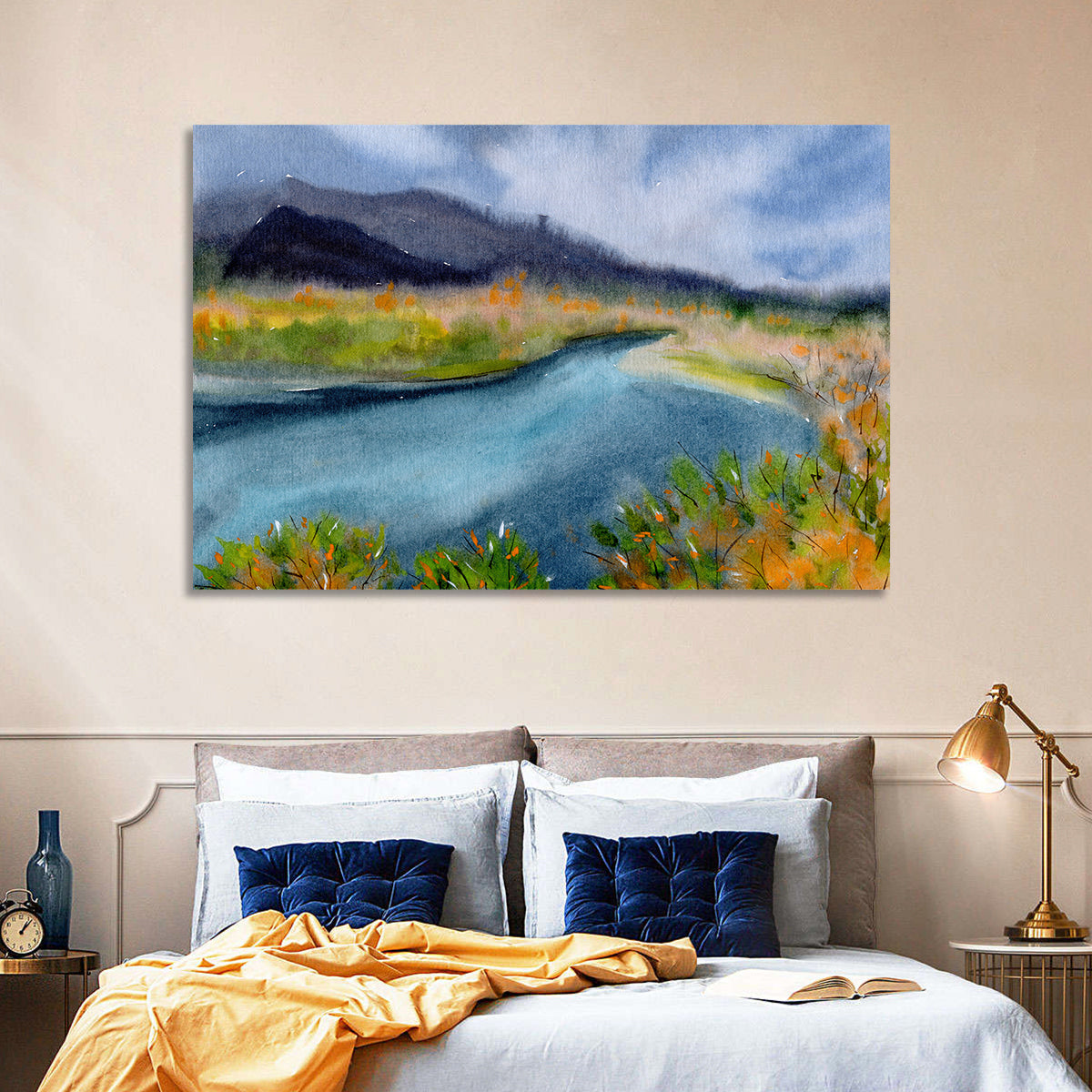 Misty Autumn River and Mountain Landscape Wall Art in a room, landscape