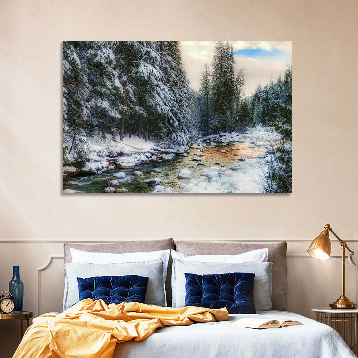 Winter Creek in Snowy Pines Wall Art in a room, landscape