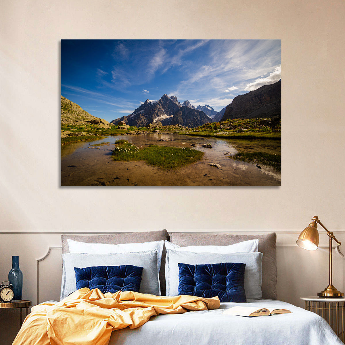 La Meije Alpine Lake and Stone Hut Wall Art in a room, landscape