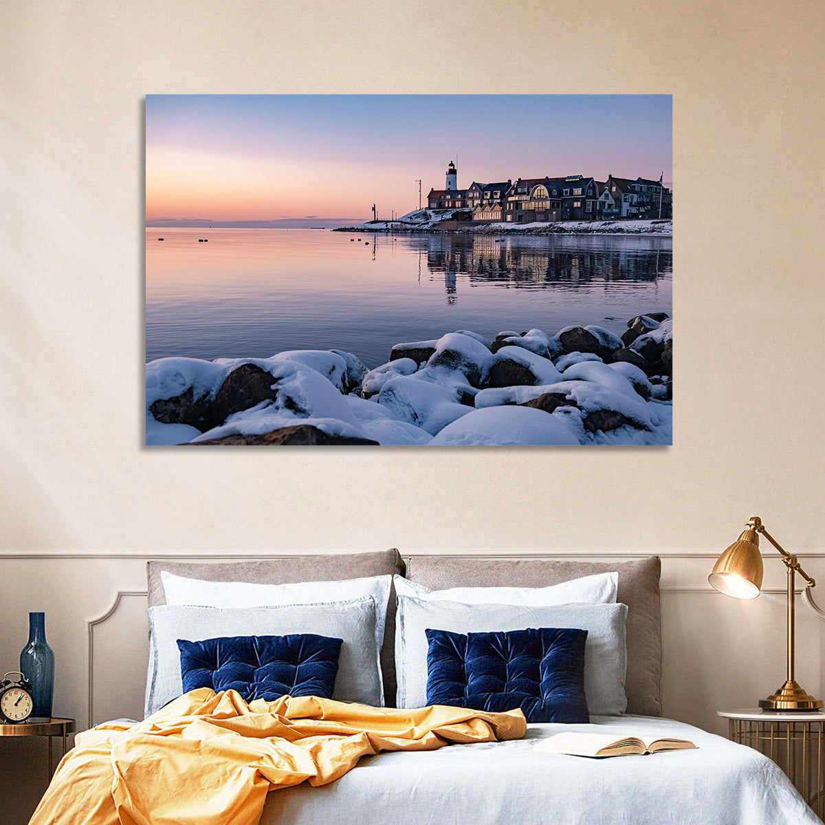 Urk Lighthouse Winter Twilight Harbor Wall Art