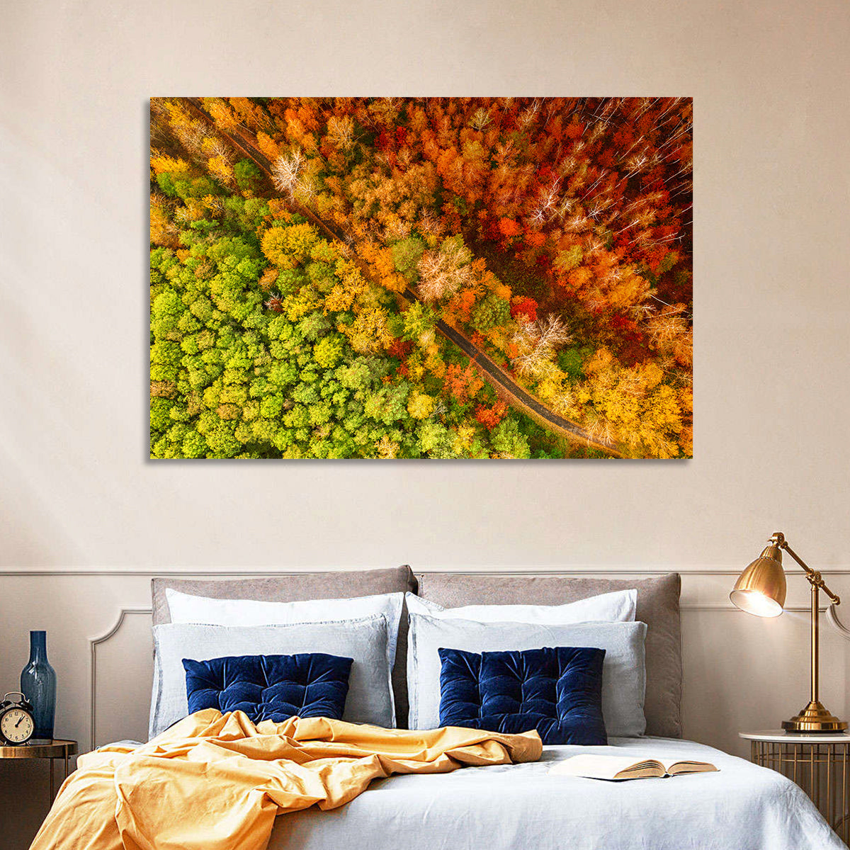 Winding Road Through Autumn Forest Wall Art in a room, landscape