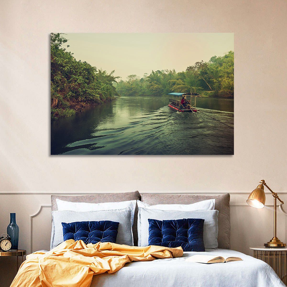 Misty Long-tail Boat on River Kwai Wall Art in a room, landscape