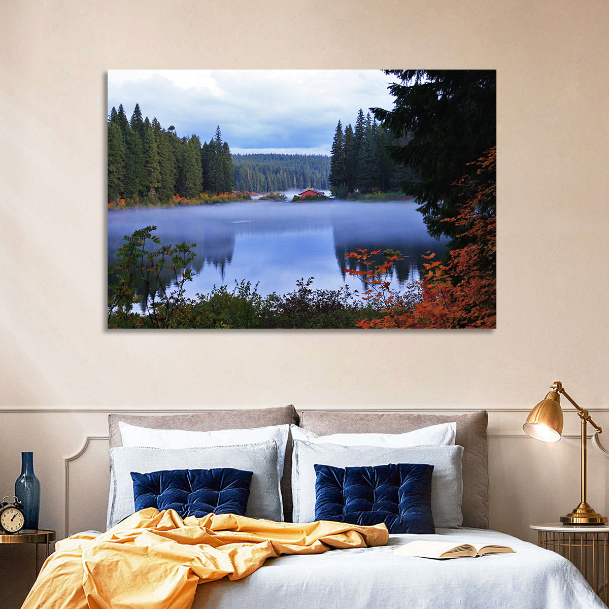 Lynn County Lake Cabin Reflection Wall Art in a room, landscape
