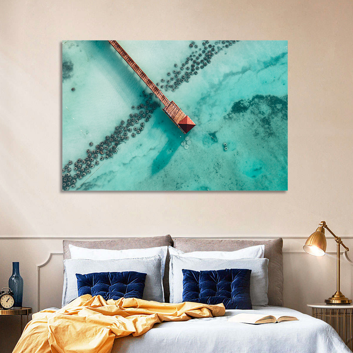 Aerial Red Pier Over Turquoise Water Wall Art in a room, landscape
