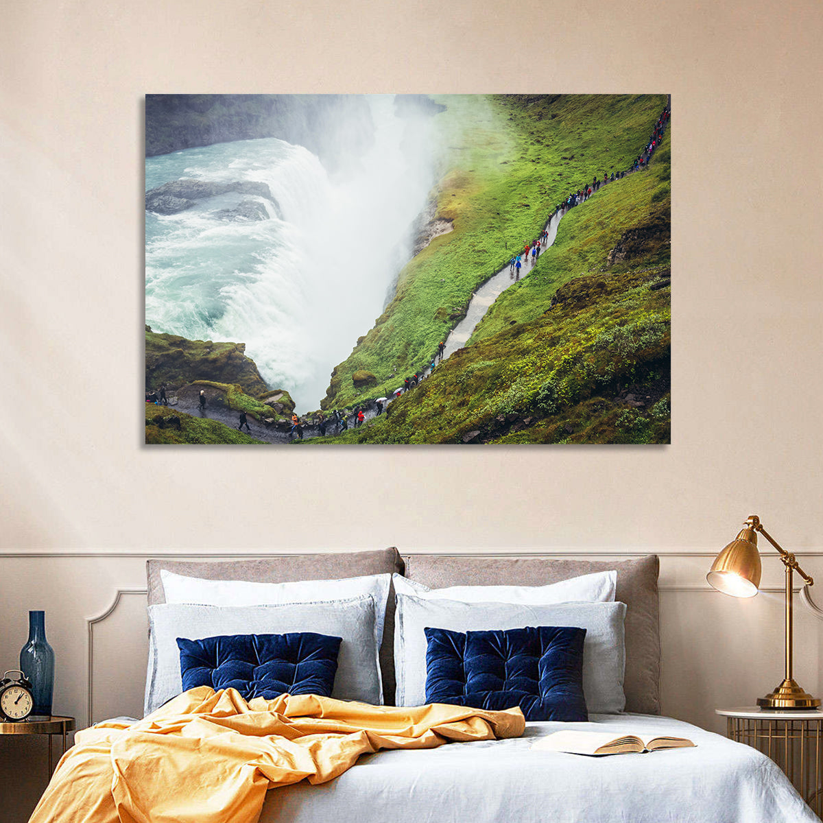 Misty Path at Gullfoss Waterfall Wall Art in a room, landscape