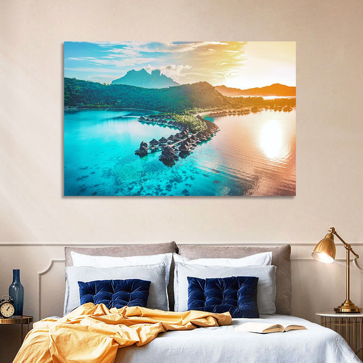 Bora Bora Overwater Bungalows Wall Art in a room, landscape