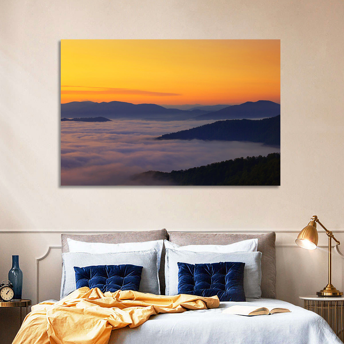 Cloud Sea Over Mountains at Golden Dawn Wall Art in a room, landscape