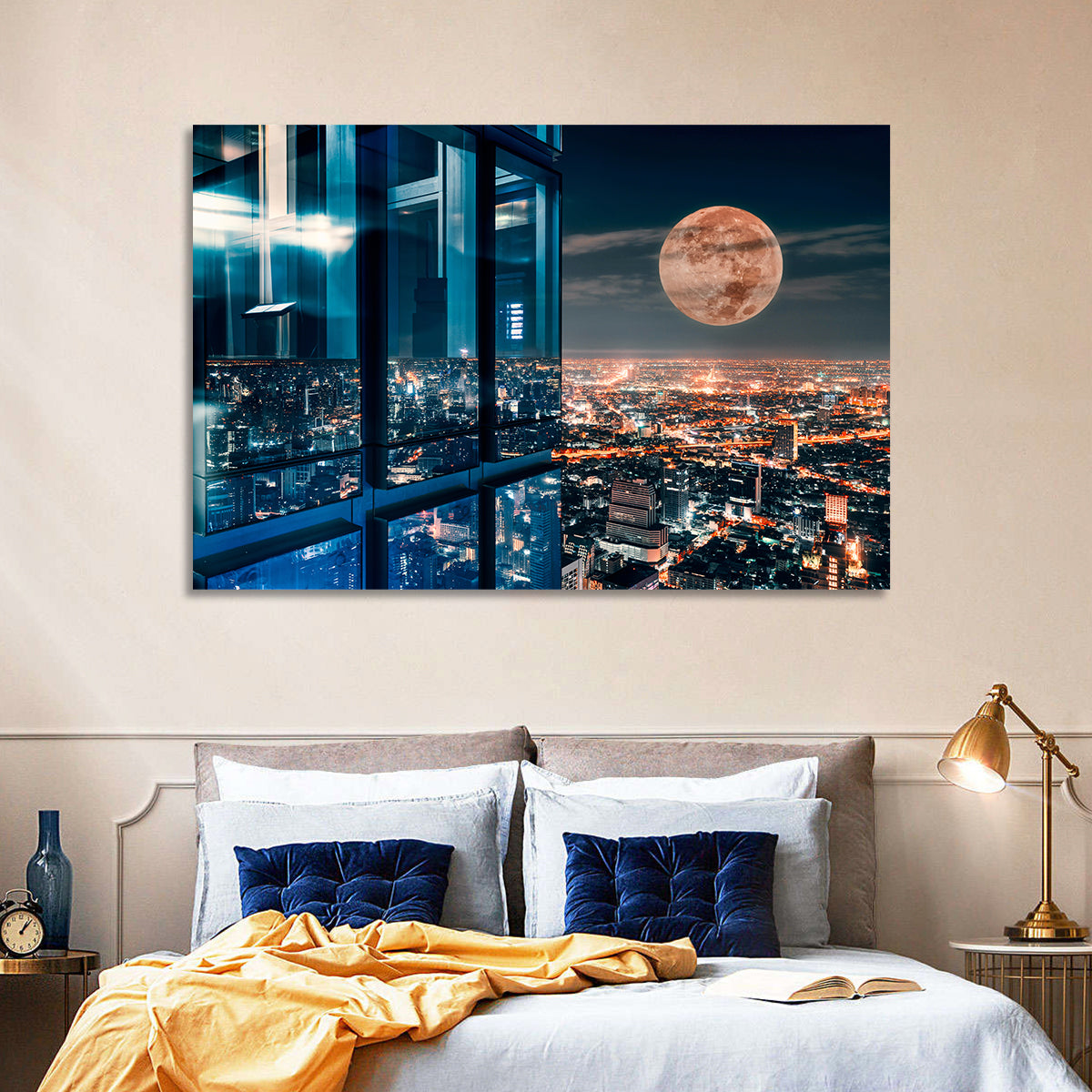 Bangkok Moonlit Skyline Wall Art in a room, landscape